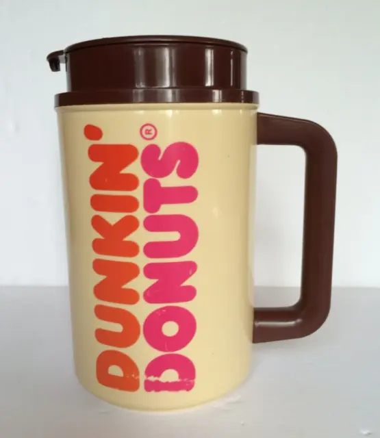 Dunkin Donuts Whirley Thermo Plastic Travel Mug Beige Lettering With Brown Lid