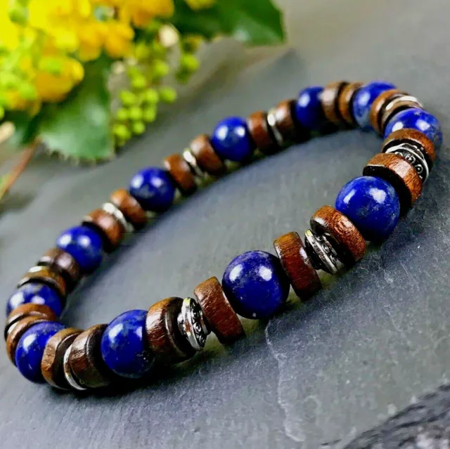 Bracelet Homme Femme Perles Naturelle Lapis Lazuli Bois Tibet Taille au choix