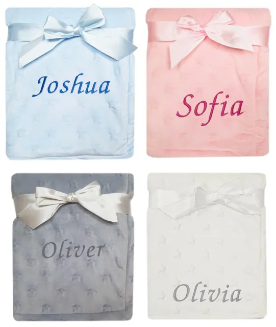 Baby Girl Boy Personalised Star Blanket Embroidered Name Grey Pink Blue White