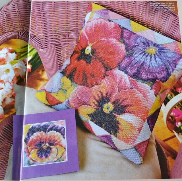 A Profusion Of Vibrant Pansy Flowers Cushion Sampler & Card Cross Stitch Chart