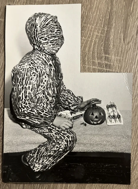 Original 1950s Photo Boy In Tiger Halloween Costume W/ Cracker Jacks & Pumpkin