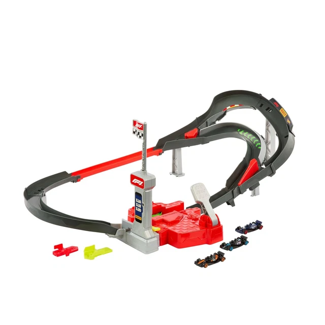Ensemble de piste de voitures jouet Hot Wheels, 3 véhicules moulés sous pression à l'échelle 1:64 : McLaren F1 Team, Alpine & VCARB, circuit de course sprint (les équipes peuvent varier
