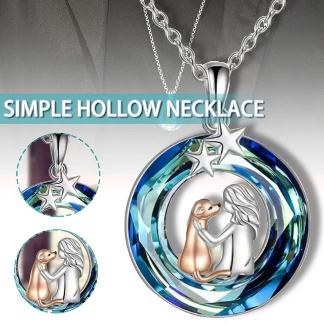 Cute Dog and Girl Necklace Blue Crystal Pendant Jewelry for Women N