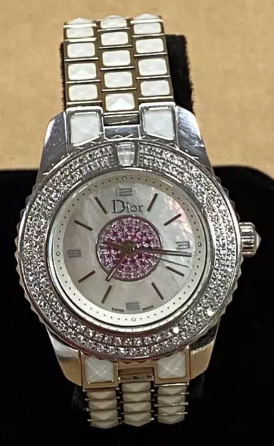 DIOR CHRISTAL MOP PINK SAPPHIRE DIAL DIAMOND BEZEL 28mm SS QUARTZ WATCH.
