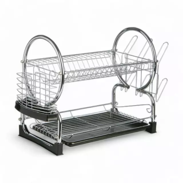 Two Tier Chrome Black Dish Drainer Cup Cutlery Sections Hygienic Drying Solution