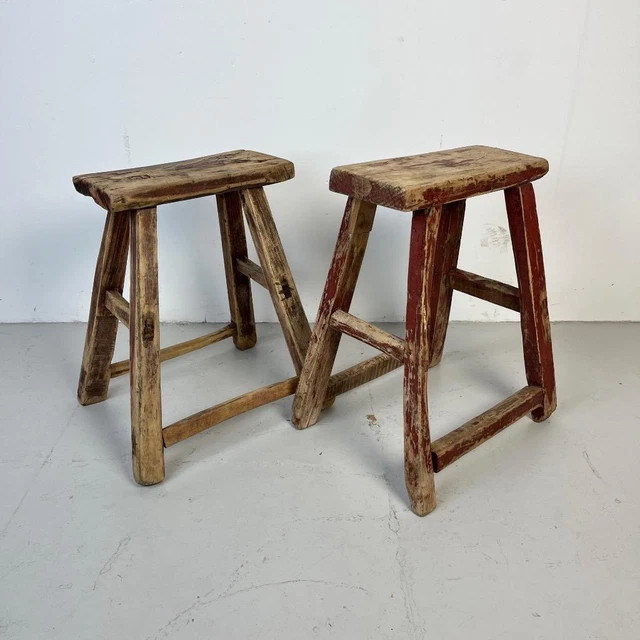 Pair Of Vintage Rustic Antique Wooden Stools Milking Large P410
