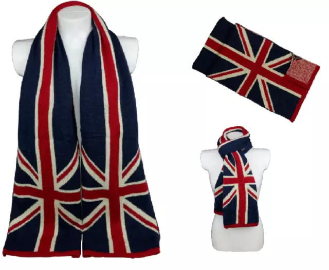 Union Jack Woolen Scarf With Beanie Set Women’s Blue British Flag Print Scarves 3