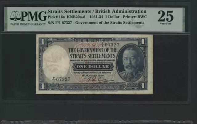 STRAIT SETTLEMENTS   1  DOLLAR  1934  PICK # 16a PMG 25  VERY FINE.