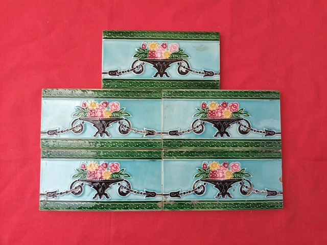 5 Piece Old Art Nice Flower Design Majolica Ceramic Tiles Japan 0067