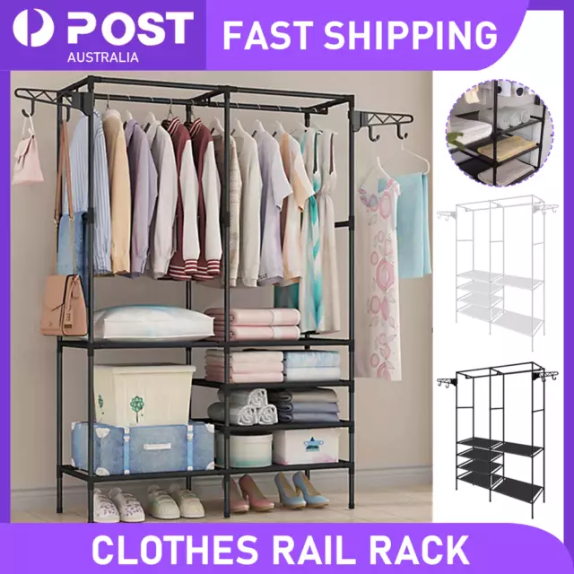 Clothes Cloth Rack Hanger Garment Shoe Storage Shelf Hat Hook Double Rail