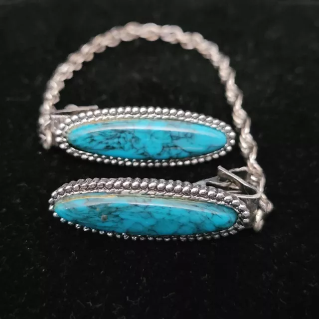 Vintage Turquoise Chained Collar Tie Clasps Unique RARE!