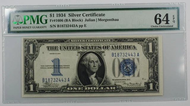 1934 One Dollar $1 Silver Certificate FR#1606 (BA Block) PMG CU-64 EPQ WW