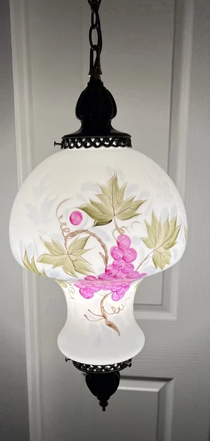Vintage Swag Light Lamp White Glass With Painted Grapes