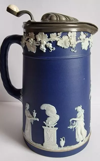 Antique Wedgwood Blue and White Jasperware milk Jug .Pewter Lid 1891 -1908
