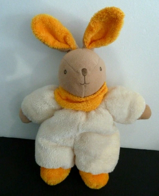 Z6- DOUDOU PELUCHE AJENA LAPIN FOULARD ORANGE ECRU GRELOT 21/27cm - ETAT NEUF *