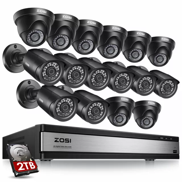 ZOSI 16 Channel H.265+ DVR Hard Drive 2TB 16 1080p Security Camera System