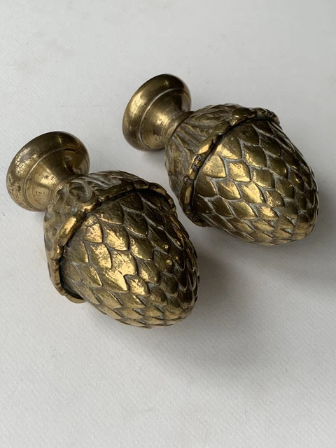 Vintage French Pair Of  Traditional Heavy Brass Acorn Finials