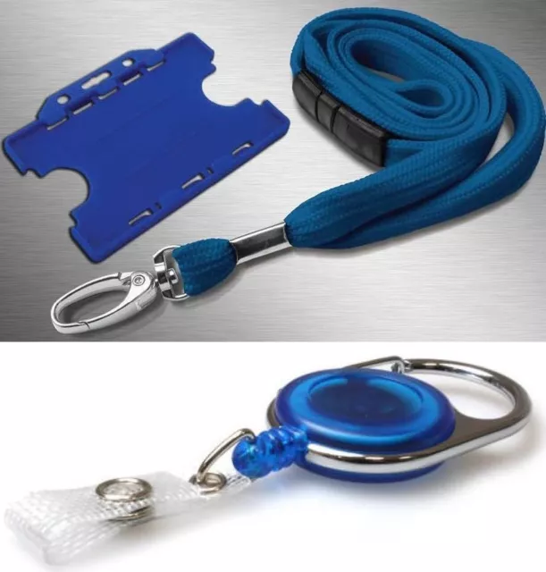 ID Neck Strap Lanyard, Double Sided ID Card Pass Holder & Retractable Reel Blue