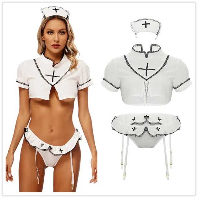 Womens Nurse Party Costume 3-Piece Cosplay Split Crop Top With Clubwear Thong