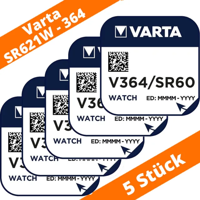 5 x V364 Uhren-Batterie Knopfzelle SR60 SR621SW AG1 VARTA Neu Silberoxid 364