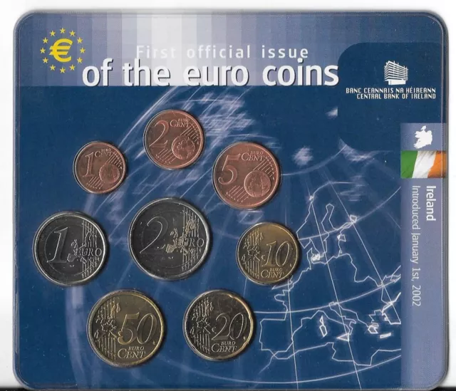 IRELAND EURO SET 1 CENT -  2 EURO 2002 UNC Euro First Official Issue, Sealed. B6 2