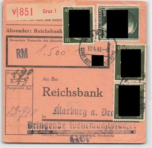 899078) DR Nr. 794 (3)+799 auf Wert-Paketkarte Graz 1943, Ostmark, Michel 40,-