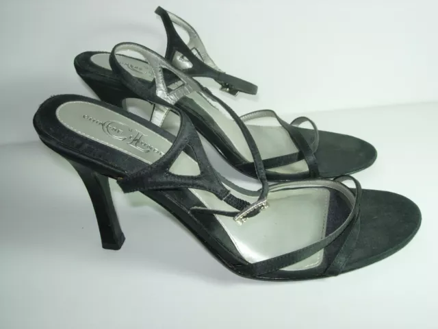Womens Black Satin Slingback Evening Rhinestone Sandals Heels Shoes Size 8 M