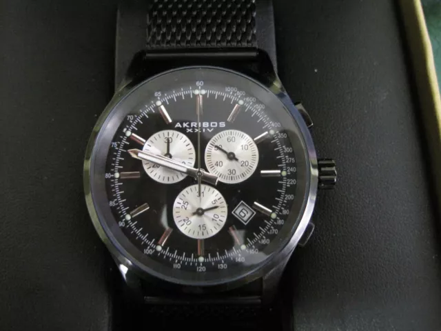 BOX019 mans  new black ionized AKRIBOS chronograph watch