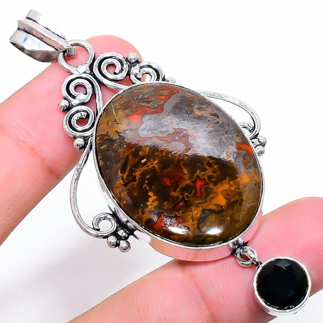 Seam Agate, Spinel Gemstone Handmade 925 Sterling Silver Jewelry Pendant 2.80"