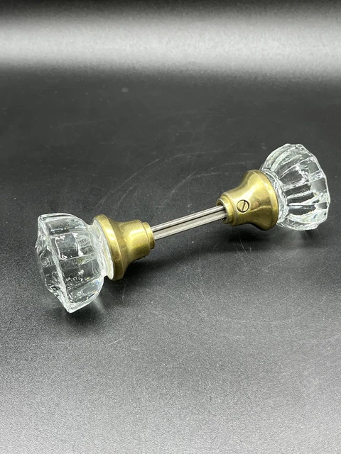 Vintage 12 Point Clear Glass Crystal  Door Knob Set With Brass Trim Nice Condit!