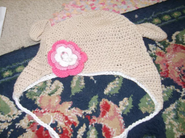 Handmade crocheted monkey ear with pink flower hat baby 6-12 mo fall BOUTIQUE