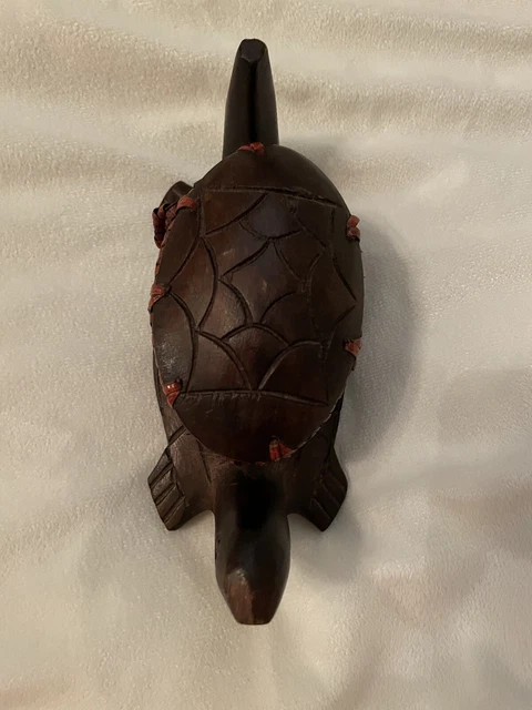 Vintage Hand Carved Wooden Turtle Tortoise Trinket Box Shell Lid Basket Woven