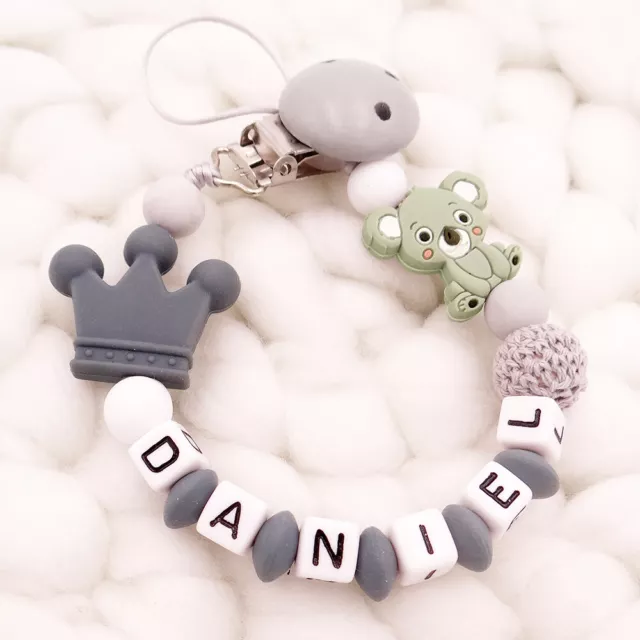 Schnullerkette mit Namen DIY Silikon Krone Koala Bär Geburt Nuckelkette Geschenk