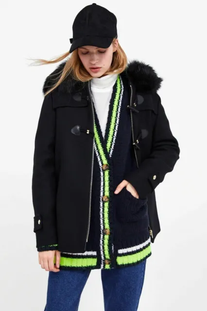 ZARA BLACK MANTECO Wool Duffle Coat Jacket Faux Fur Hood Size XS RRP £ ...