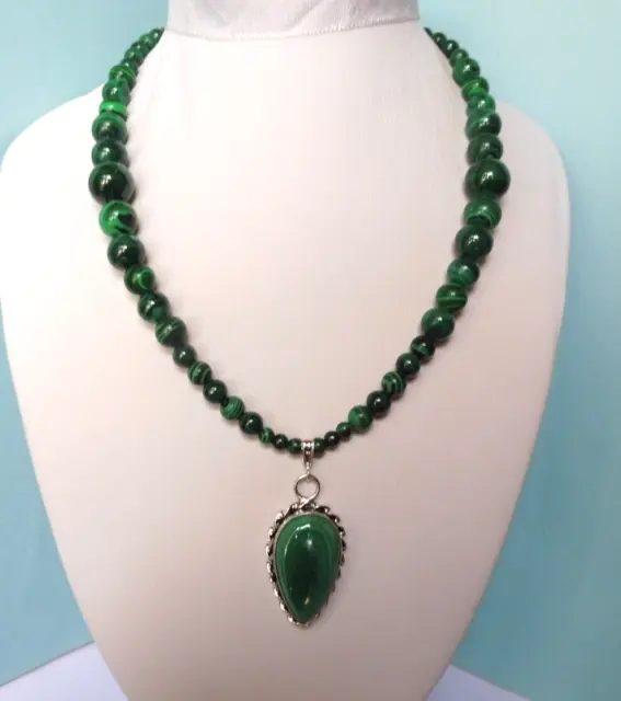 Collier Malachite naturelle, véritable- 43cm- 280.Cts- Argent massif 925