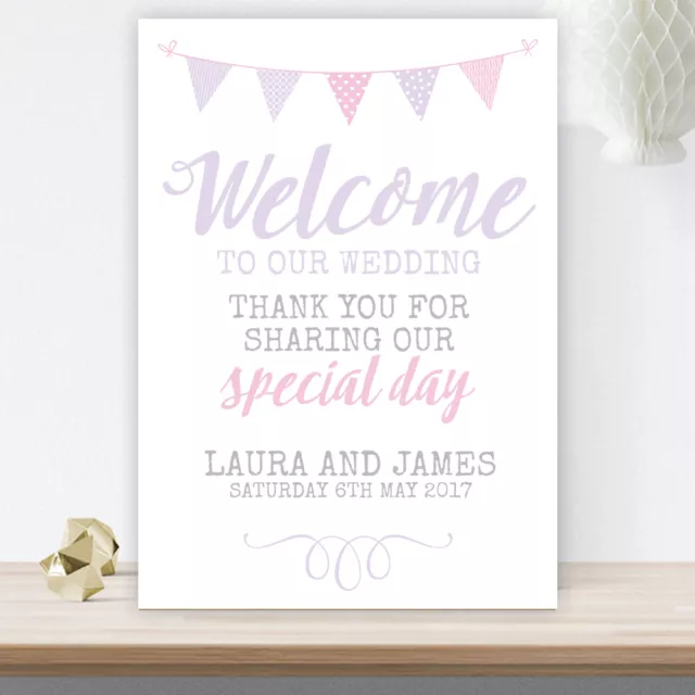 Personalised Pink and Lilac Bunting Welcome To Our Wedding Sign Poster (LIB31)