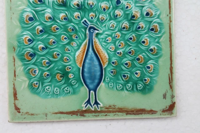 Tile Majolica Peacock Dancing Vintage Made In Japan Art Nouveau Porcelain Nh4231 4