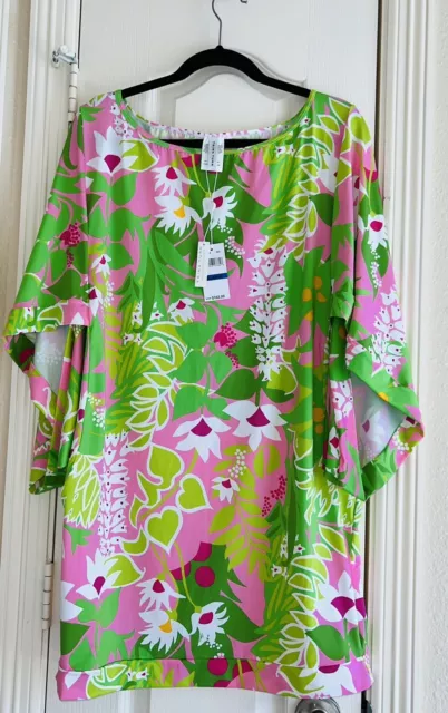 Trina Turk Tunic Mini Dress XL Floral Green Pink La Palma SPA Beach Cover Up New