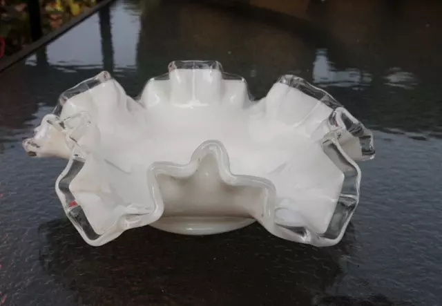 Vintage Silver Crest Fenton Milk Glass Footed Bowl Ruffle 2" tall and 6 " across