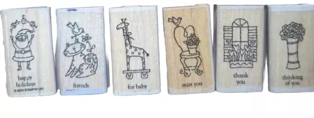 Stampin Up! Wood Mounted Rubber Stamps Lot Of 6 Giraffe Cat Santa Thank You