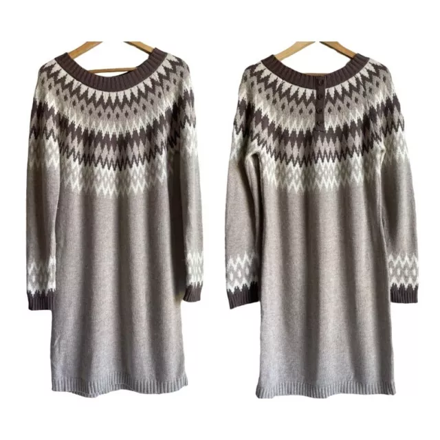 WILLI SMITH Brown Tan Cream Fair Isle Wool Blend Sweater Dress Crewneck Size L