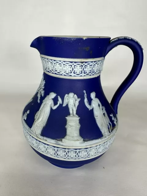 Antique Wedgwood Large 8" Dark Blue Jasperware Pitcher England- Damaged