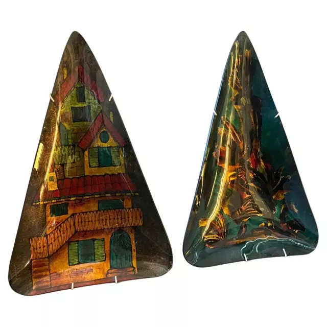 1950s, Set Of Two Mediados de Siglo Modern Paintings On Mural Triangular Glass