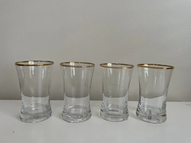 Ballard Design 4” WATER Glasses Hourglass SHAPE GOLD RIM Set Of 4 New NWT $59