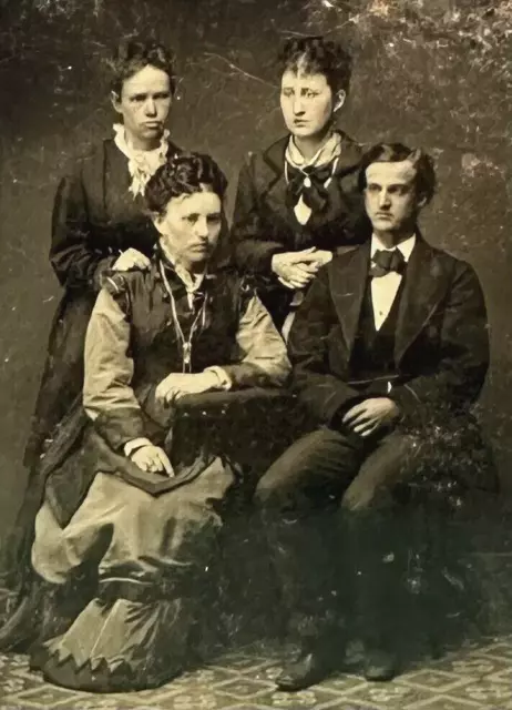 1800s Tintype Photograph of Victorian Era Family Posing For a Studio Portrait