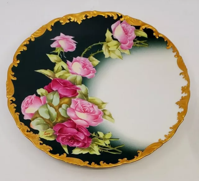 Exquisite Limoges Hand Painted Porcelain Plate Large Roses Artist Signed 9-1/2"