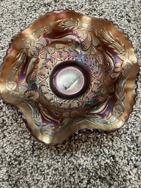 iridescent carnival Footed Glass Bowl vintage With Fish Pattern