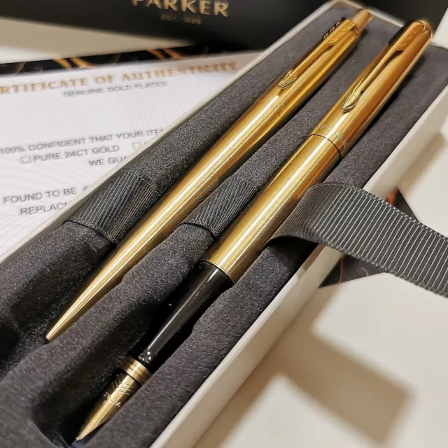 Parker Fountain Pen & Ballpoint Pen Set Blue Ink Gift Boxed 24ct Gold Plated 2