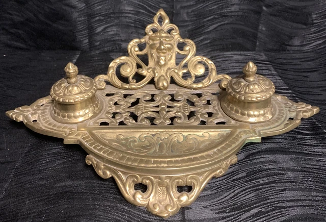 Vtg Beautiful Antique Heavy Brass Inkwell Art Nouveau Ornate Hinged Lids