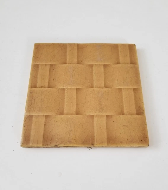 Antique Vintage Beige Glossy Romany Rushweave Tile Ceramic Pottery 4.25"